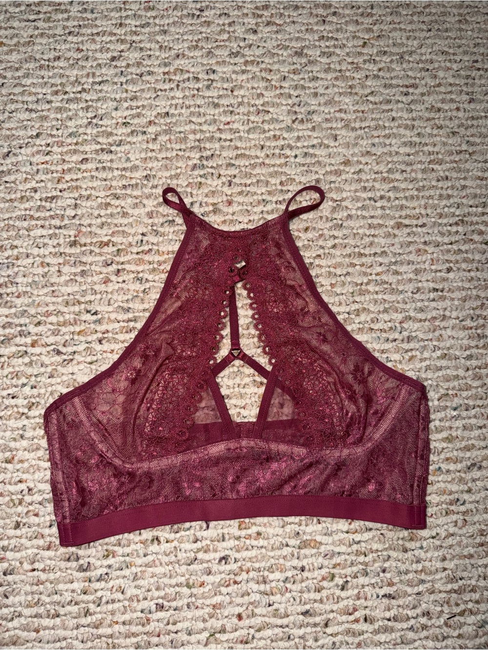 🍷Victoria's Secret Wine Purple Lace High-Neck Halter Bralette Wire Sides